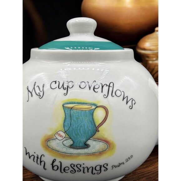 "My Cup Overflows with Blessings" Ceramic Teapot 6" - Picture 2 of 11